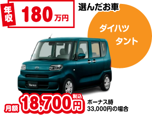 年収180万円　選んだお車ダイハツタント　月額11800円税込